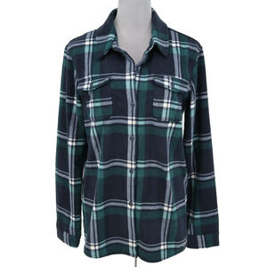 Eddie Bauer Top Womens Large Black Green Plaid Fleece Shirt Pocket Gorpcore